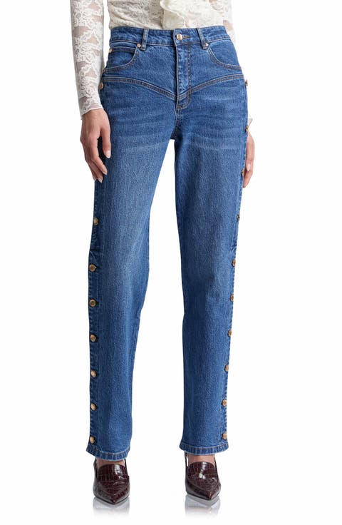 High Waist Side Shank Straight Leg Jeans