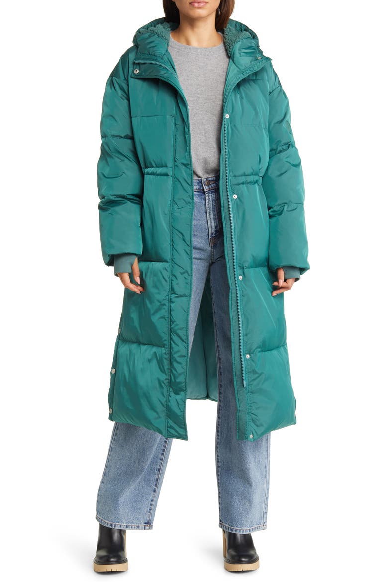 Keeley Faux Shearling Trim Longline Puffer Coat, Main, color, SEAFLOOR