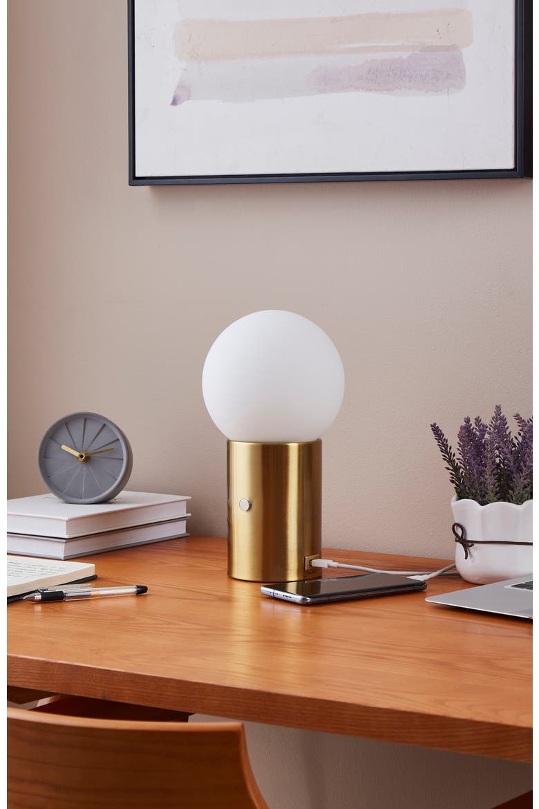 Kai 11" Modern Frosted Glass Orb Table Lamp with USB Charging Port and Built-In 3-Way Dimmer, Alternate, color, Antique Brass
