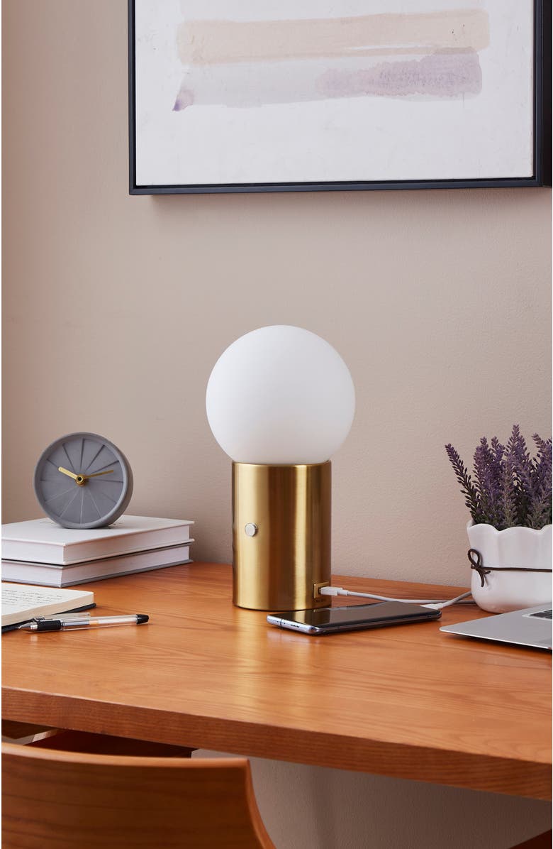 Brightech Kai 11" Modern Frosted Glass Orb Table Lamp with USB Charging Port and Built-In 3-Way Dimmer, Alternate, color, Antique Brass