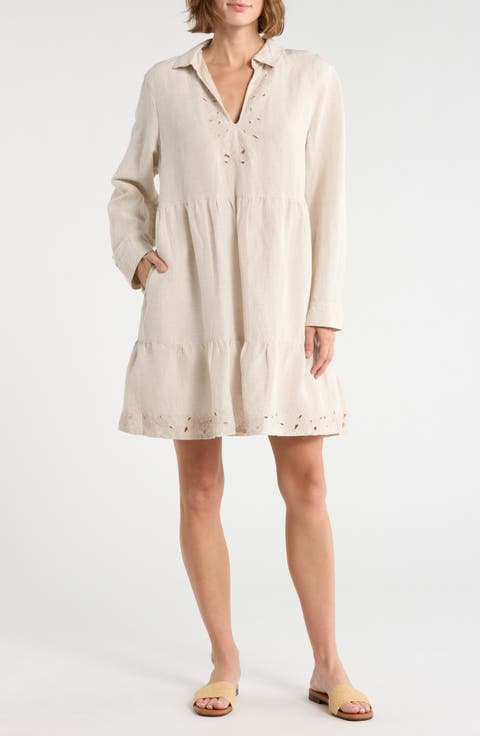 St. Lucia Embroidered Long Sleeve Linen Blend Dress