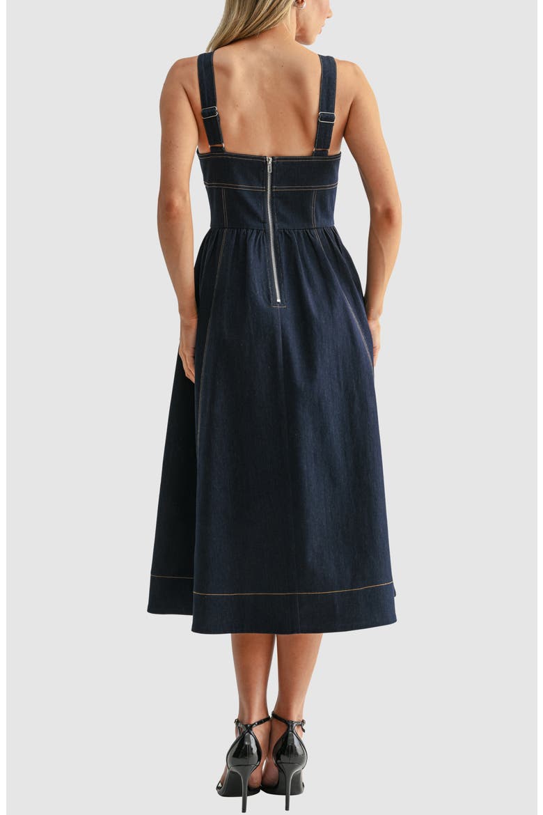 Sweetheart Neck Fit & Flare Denim Midi Dress, Alternate, color, DARK DENIM