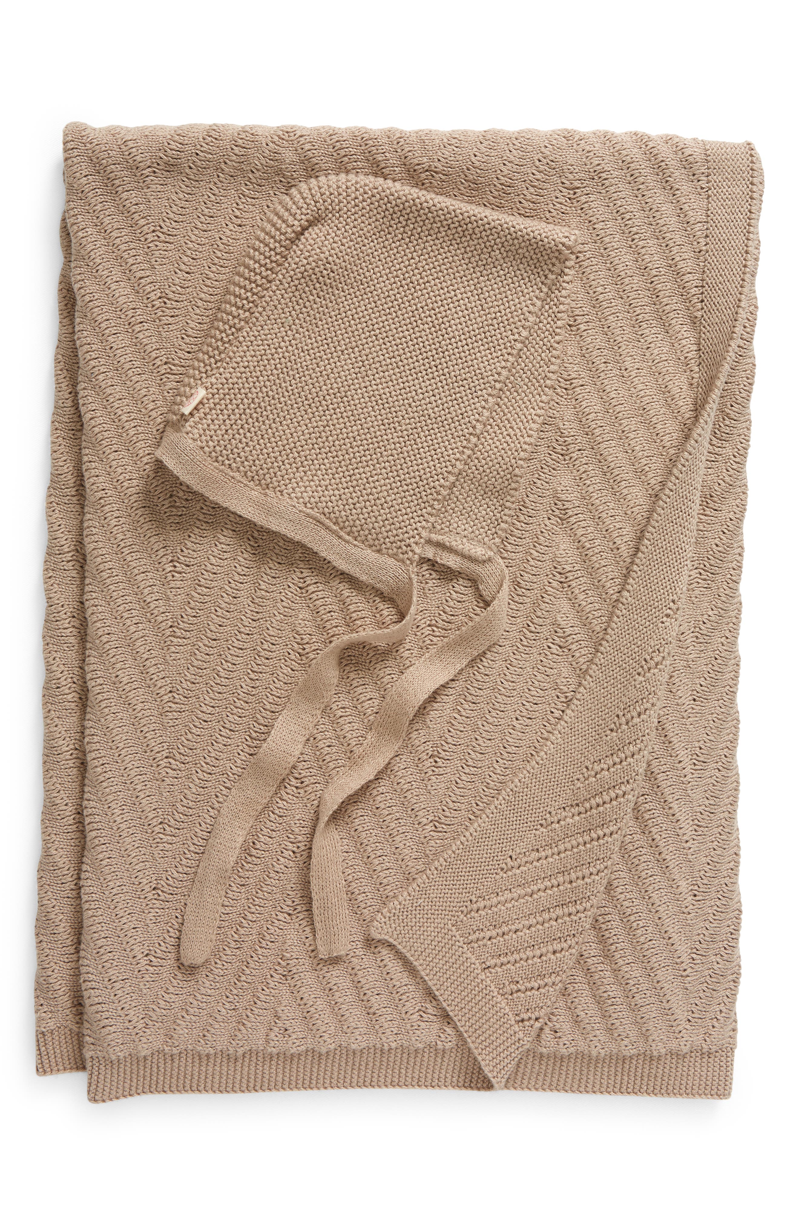 Pink Lemonade Panache Organic Cotton Baby Blanket & Bonnet Gift Set in Stone 