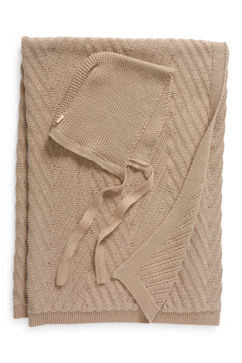 Panache Organic Cotton Baby Blanket & Bonnet Gift Set, Main, color, STONE