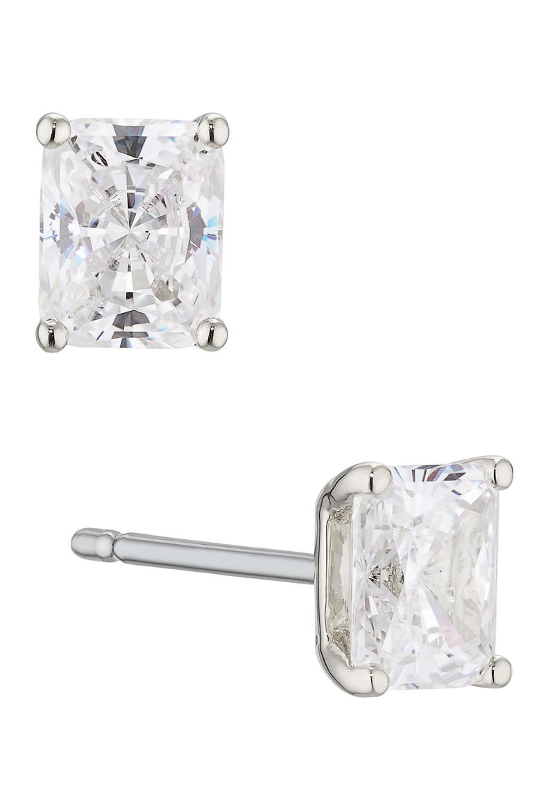 Modern Luv Small Emerald Cut Cubic Zirconia Stud Earrings, Main, color, RHODIUM