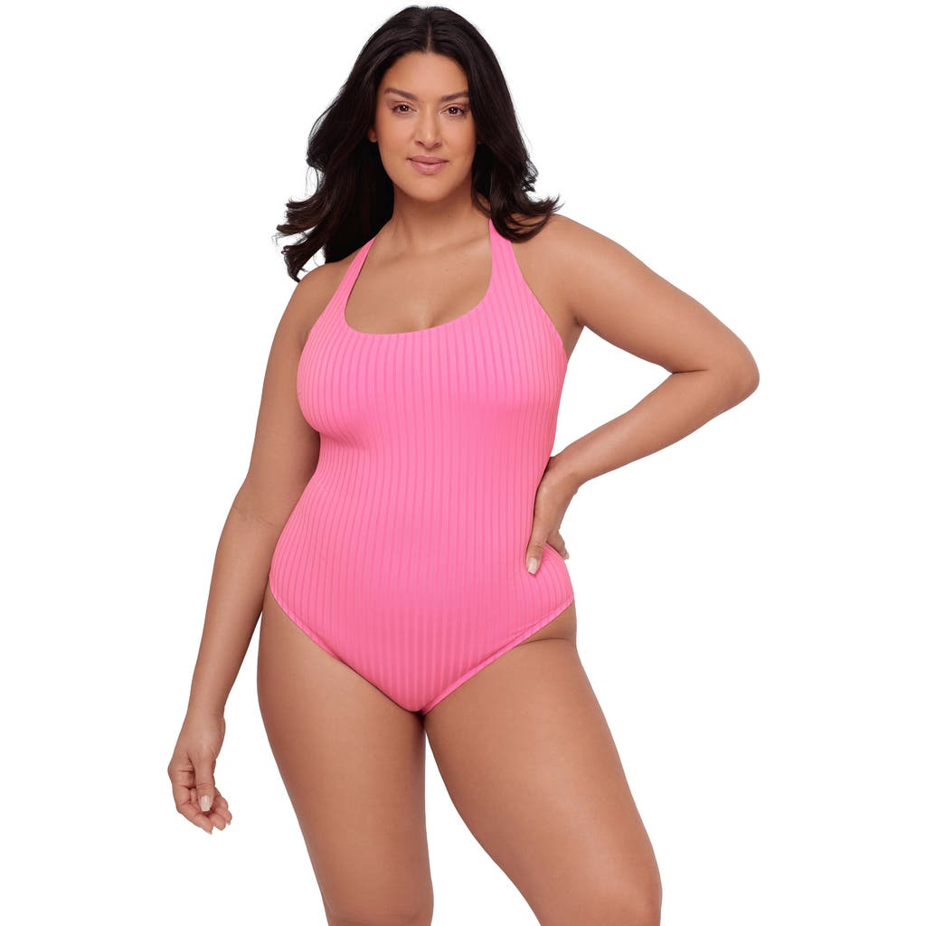 S3 Ribbed Scoopneck Crossback One Piece Swimsuit In Pink