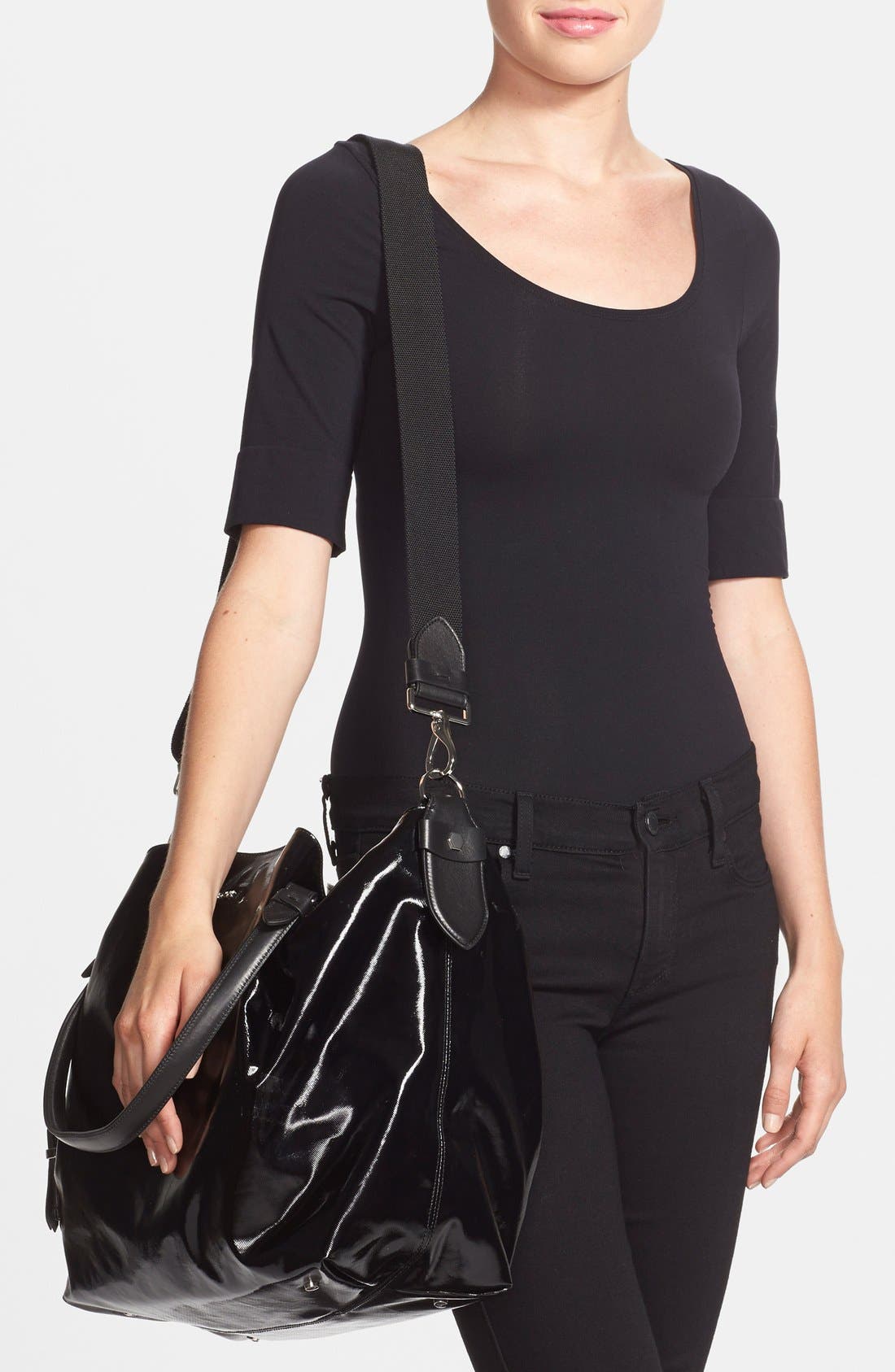 'Medium Flower' Satchel, Alternate, color, BLACK