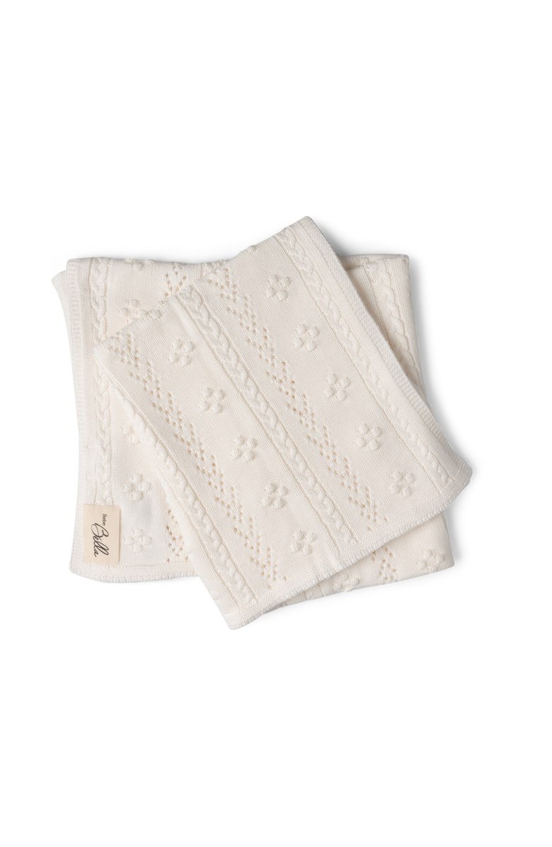 Bebe Bella Braided Pointelle Pompom Knit Blanket, Main, color, White