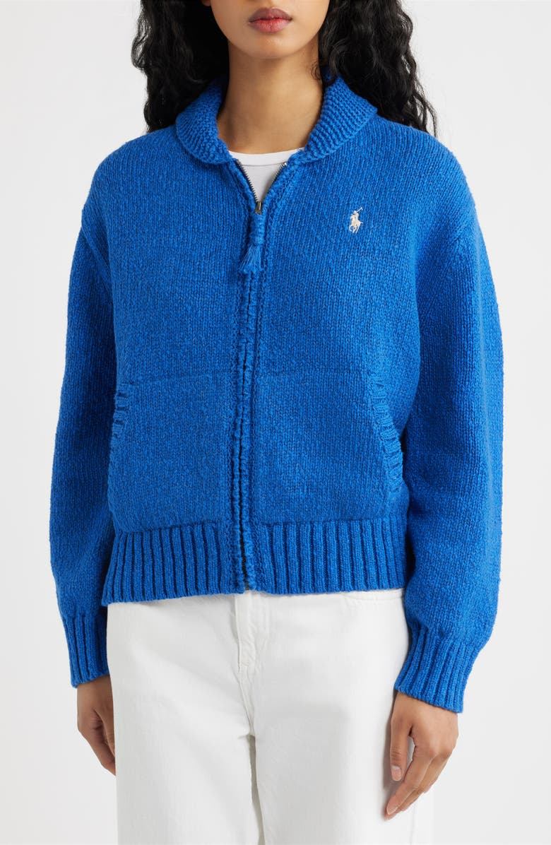 Polo Ralph Lauren Wave Logo Cotton Zip Cardigan, Alternate, color, Sapphire Multi