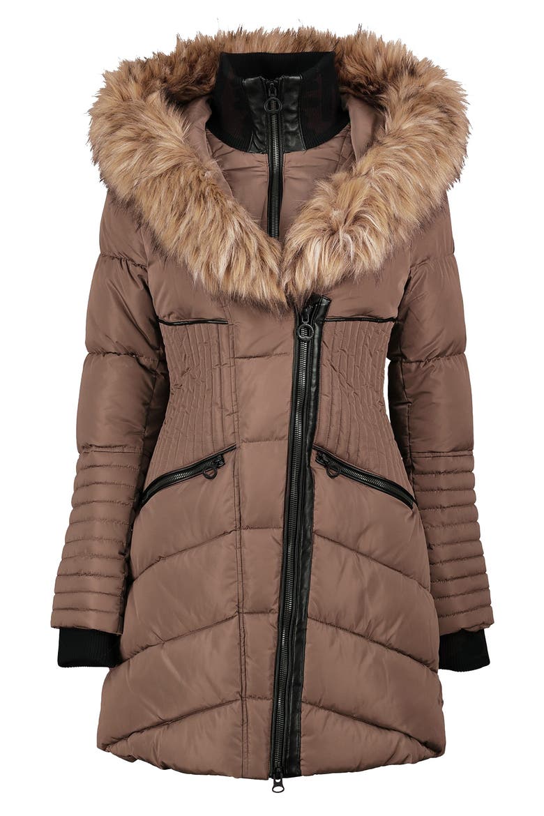 Gigi Vegan Faux Fur Trim Quilted Parka, Alternate, color, TAUPE