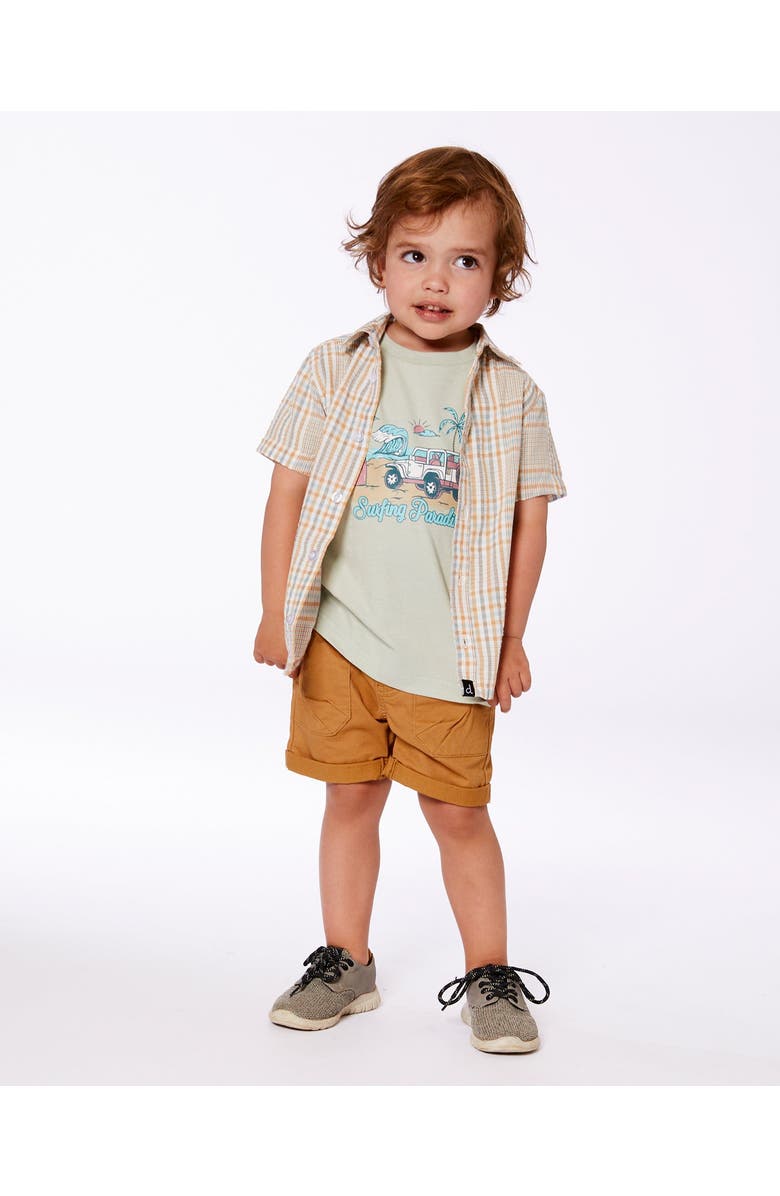 Deux par Deux Little Boy's Short Sleeve Button Down Shirt Beige And Sage Plaid, Alternate, color,