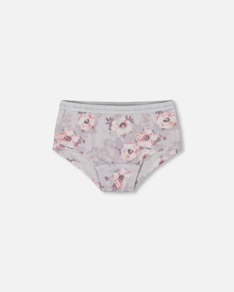 Girl's Printed Organic Cotton Boyshort Panty Pale Pink Flowers On Neutral Lilac