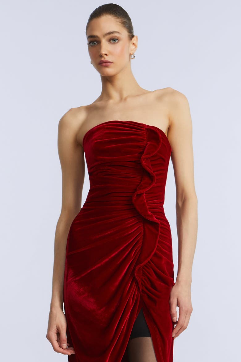 Strapless Velvet Ruffle Dress, Alternate, color, Chilli Pepper