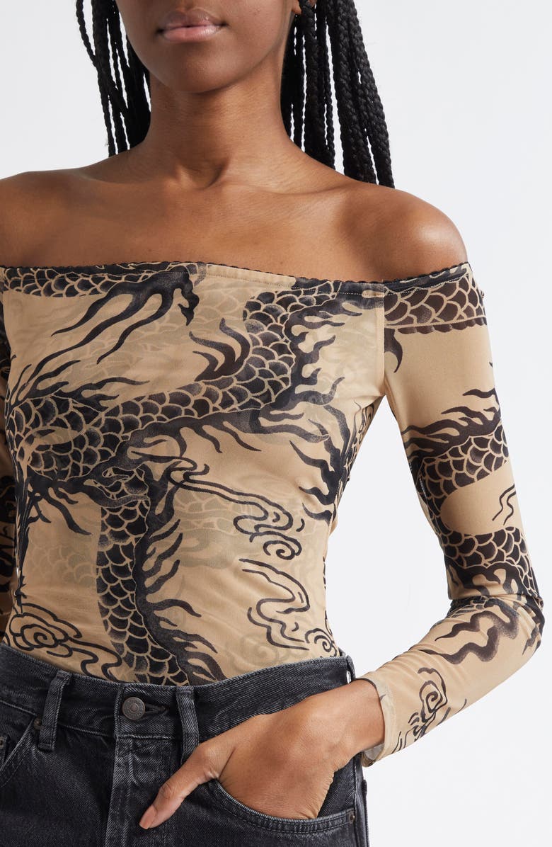 L'AGENCE Peonie Off the Shoulder Bodysuit, Alternate, color, Beige/ Black Dragon Tattoo