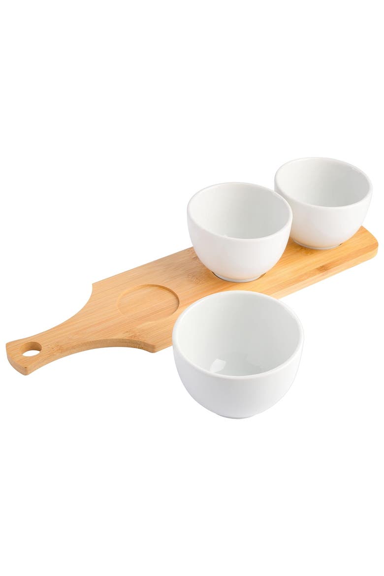 Gracious Dining 3 Piece White Fine Ceramic Tidbit Bowl Set with Wood Serving Tray, Alternate, color, White