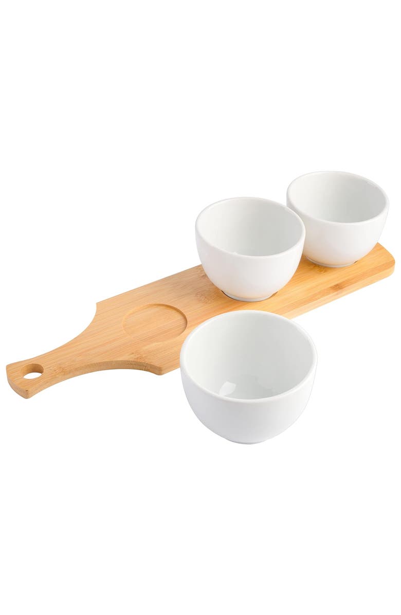 Gibson Gracious Dining 3 Piece White Fine Ceramic Tidbit Bowl Set with Wood Serving Tray, Alternate, color, White