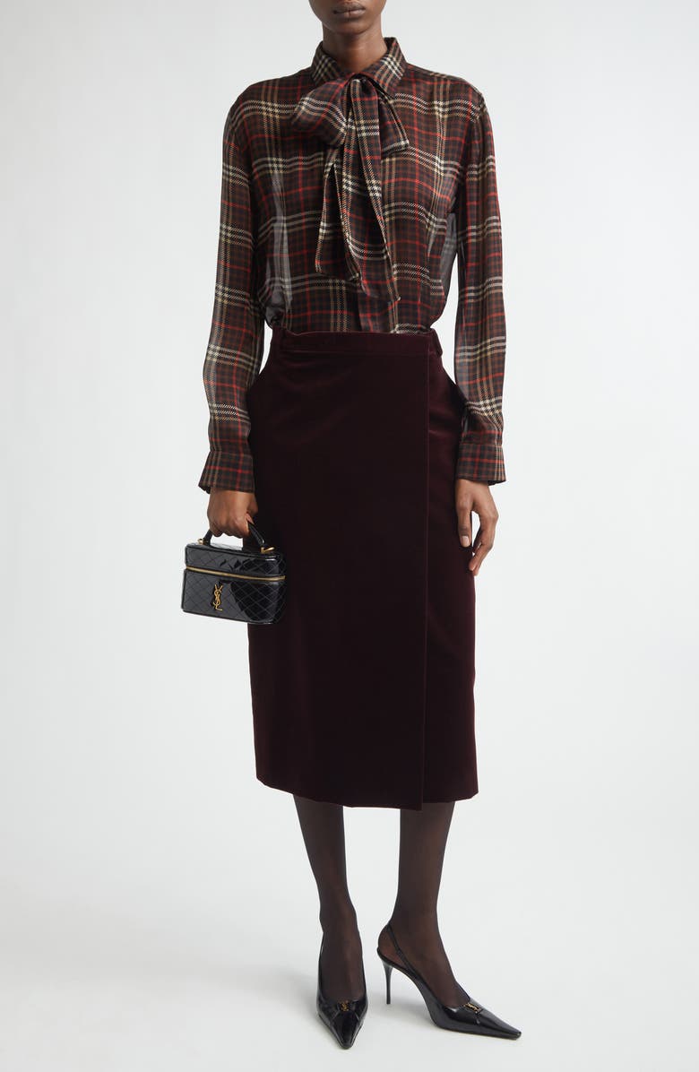 Saint Laurent Plaid Silk Crepe Tie Neck Button-Up Shirt, Alternate, color, Marron/ Craie/ Rouge