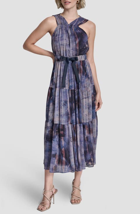 Pleated Tie Waist Chiffon Midi Dress