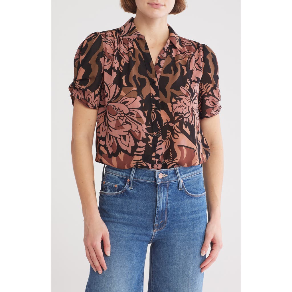 ADRIANNA PAPELL ADRIANNA PAPELL PATTERNED PINCH SLEEVE BUTTON-UP SHIRT