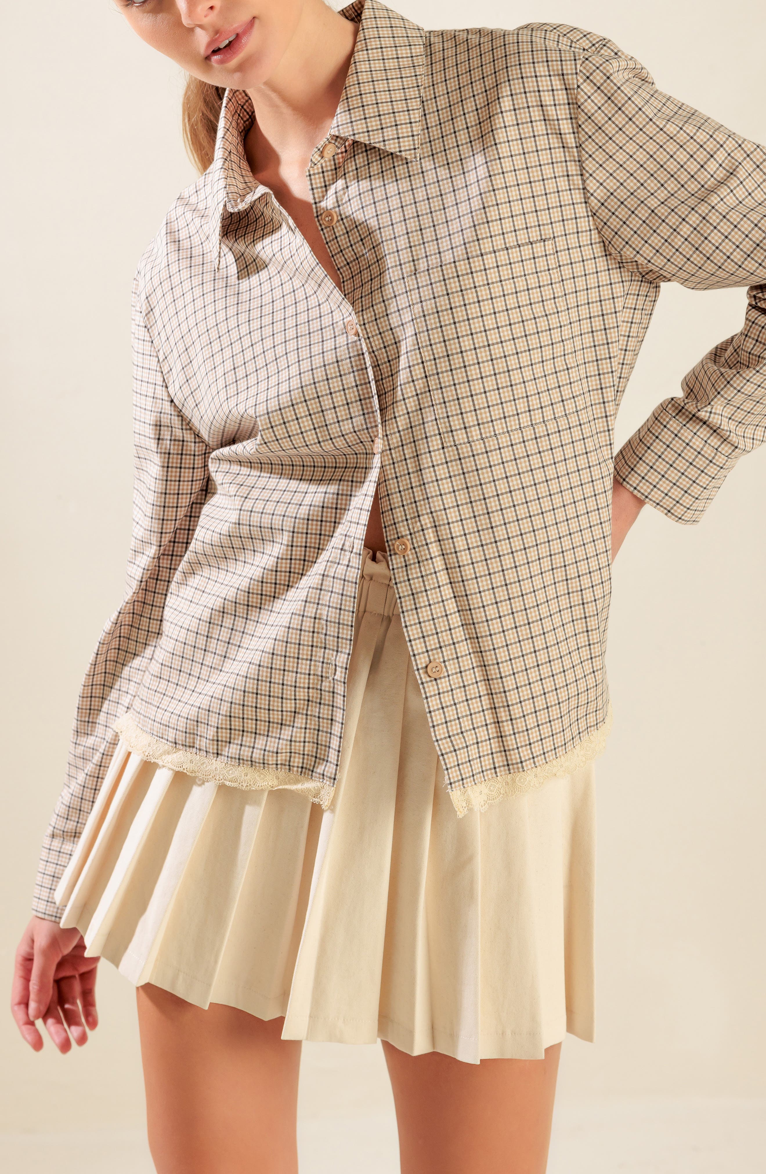 Plaid Cotton Shirt with Lace Trim