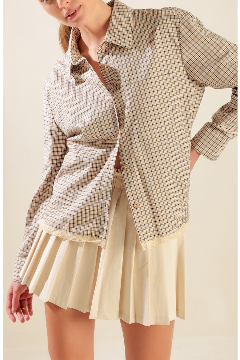 Plaid Cotton Shirt with Lace Trim, Main, color, TAUPE