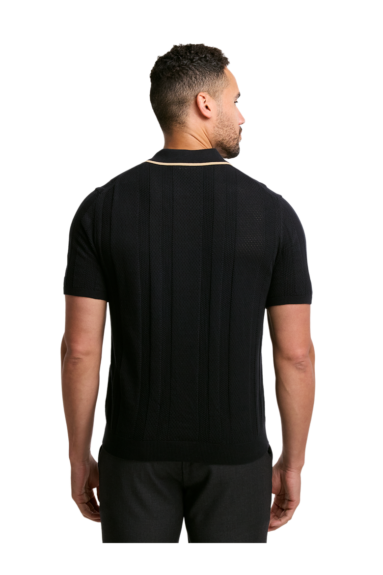 Cotton Crochet V-neck Polo, Alternate, color, Black