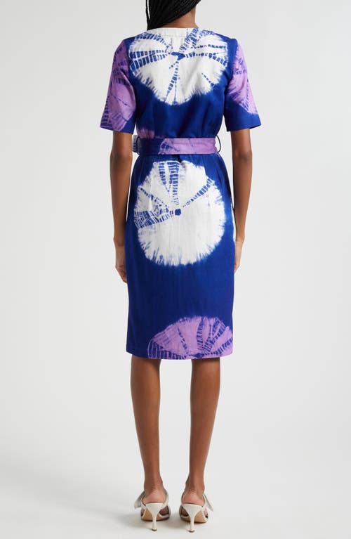 Busayo Kuti Tie Belt Button Front Denim Midi Dress In Blue Multi
