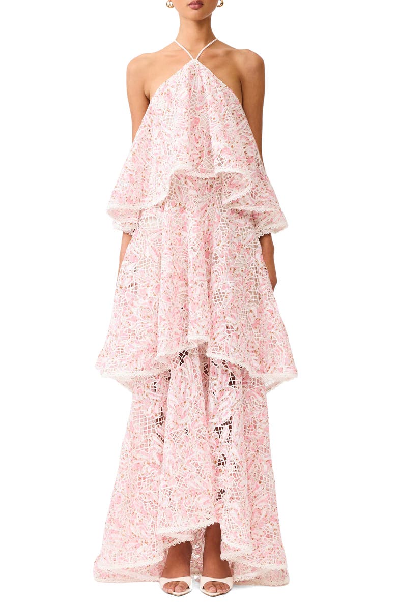 Elliatt Valencia Floral Tiered Gown, Main, color, Pink Multi