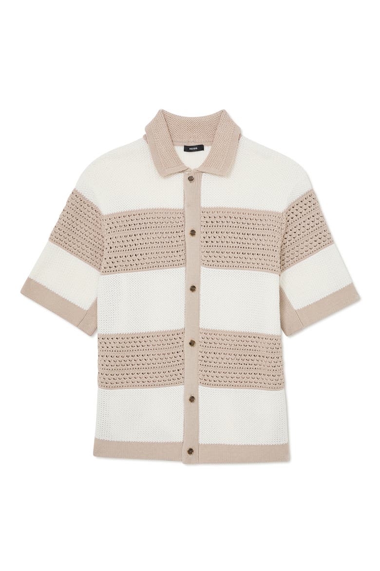 Marek Open Knit Short Sleeve Button-Up Shirt, Alternate, color, WHITE/ STONE