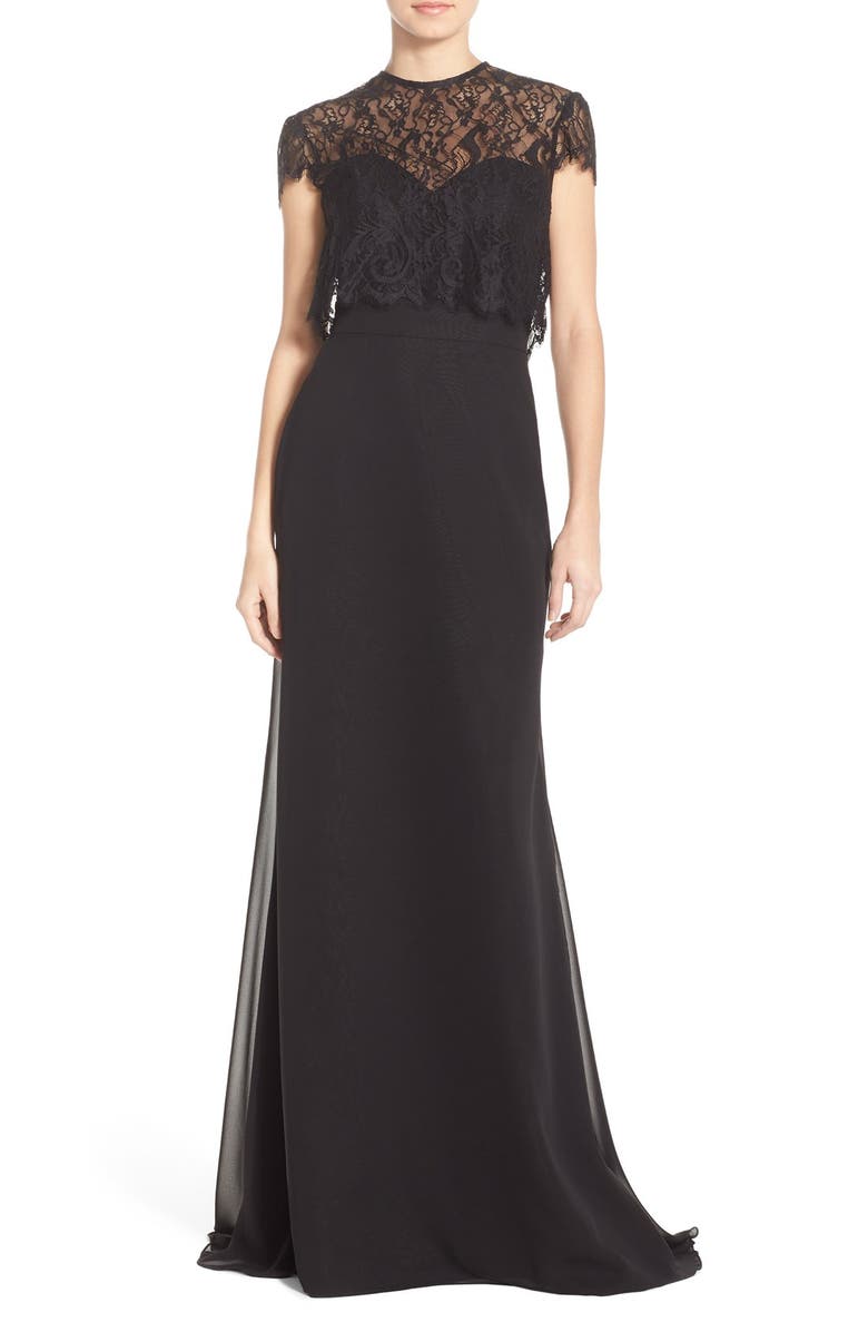 Hayley Paige Occasions Strapless Chiffon A-Line Gown with Removable Lace Overlay, Main, color,