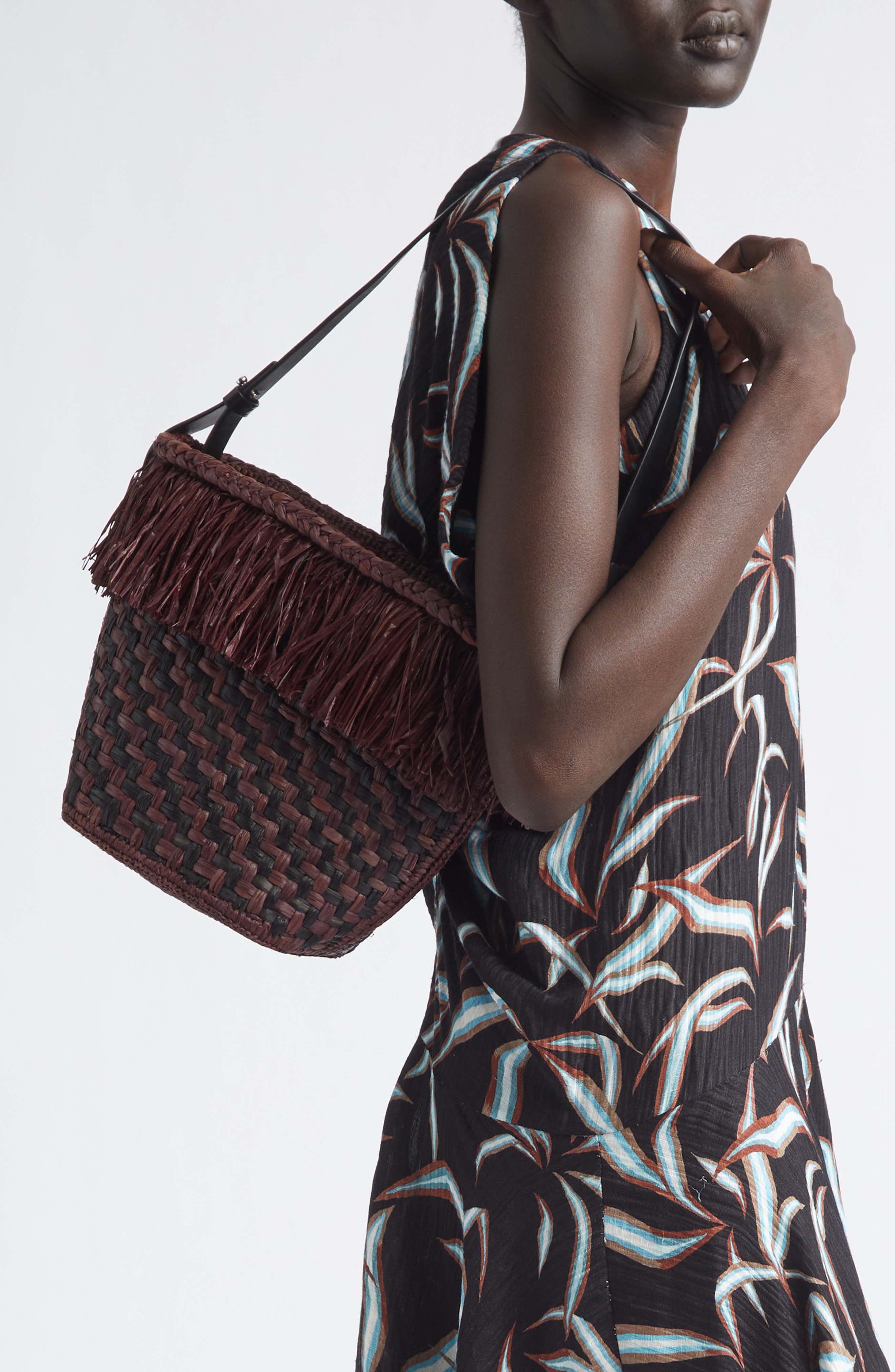 Woven Raffia Bucket Bag, Alternate, color, PLUM
