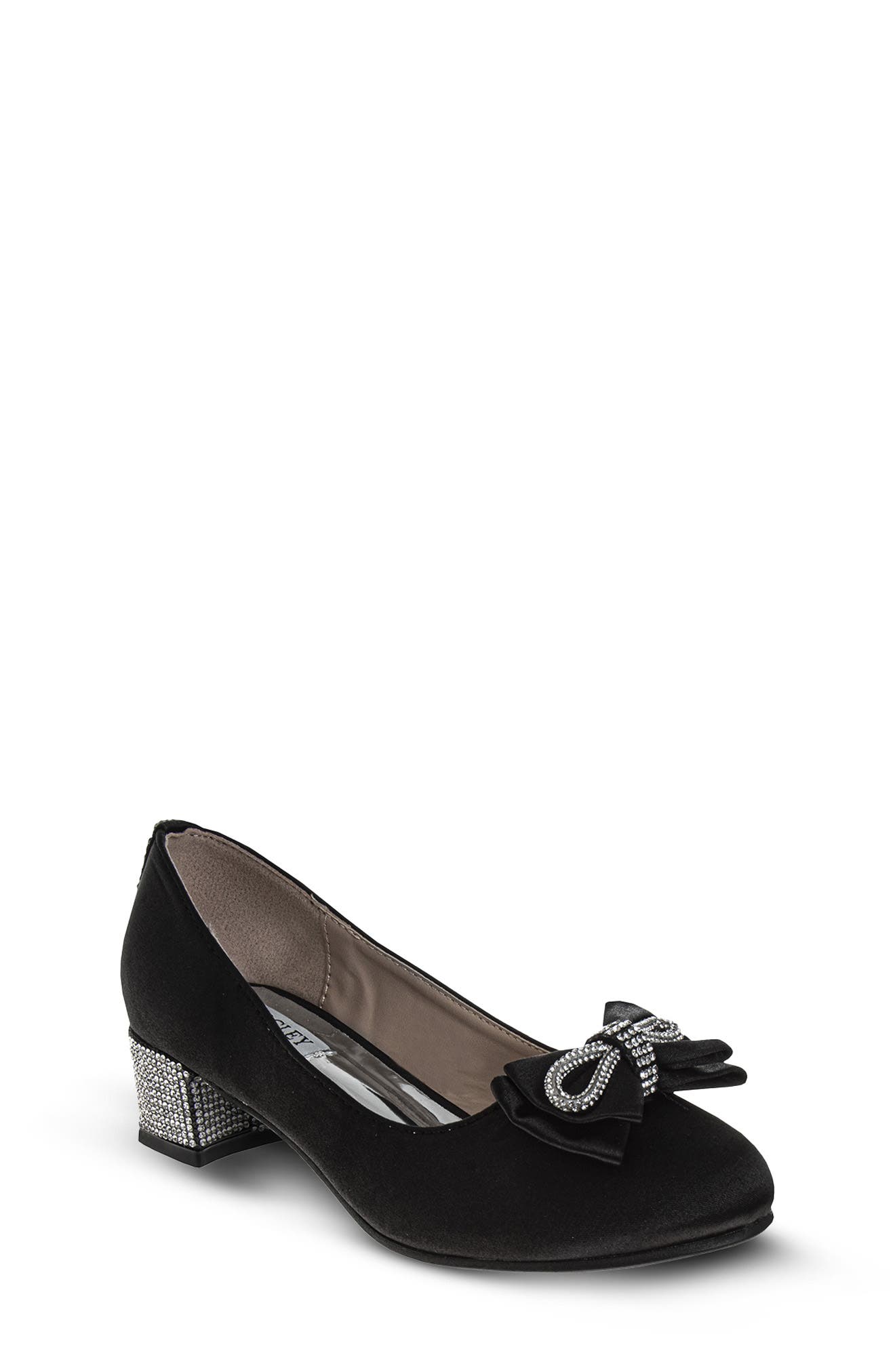 Badgley Mischka Collection Kids' Bow Pump, Main, color, Black Satin