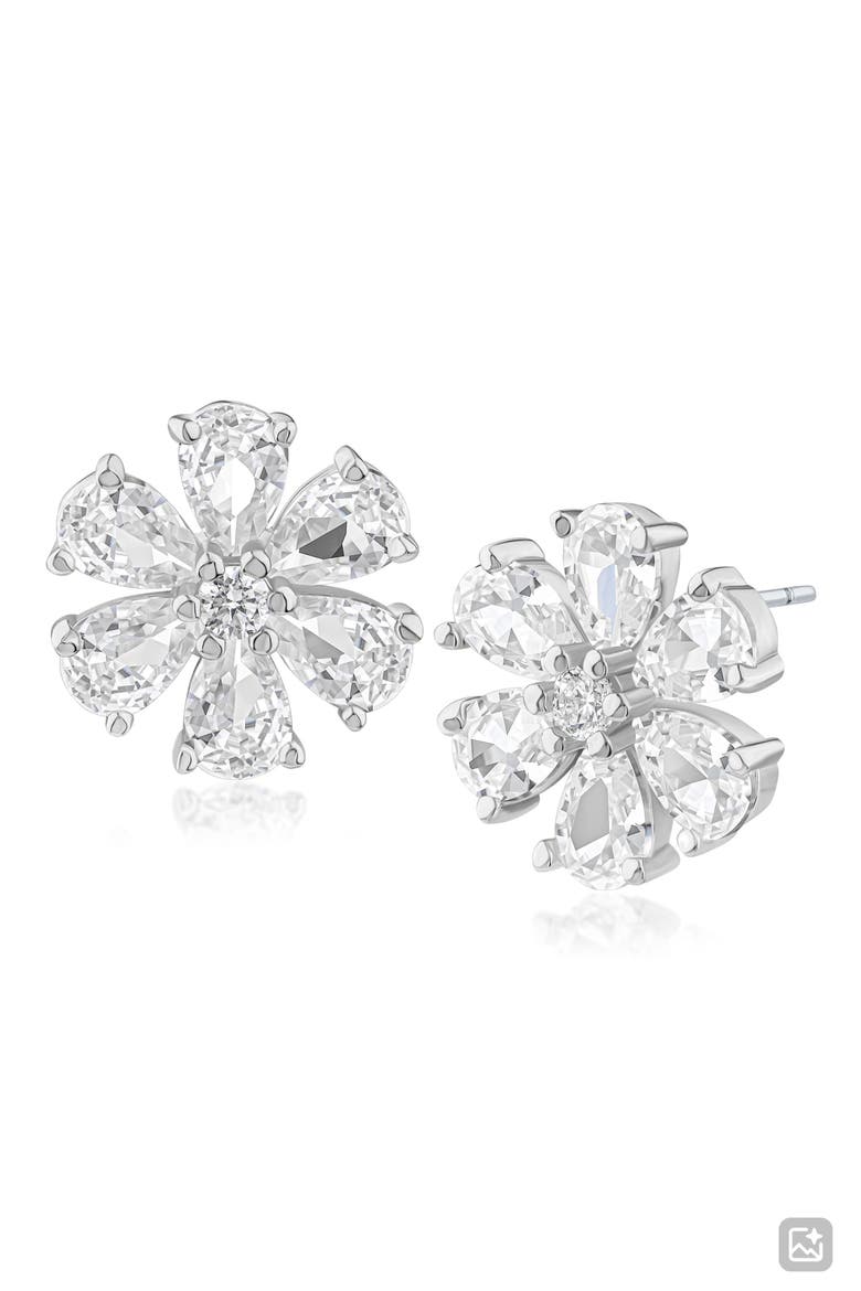 Pear Cut Cubic Zirconia Floral Stud Earrings, Main, color, RHODIUM PLATED