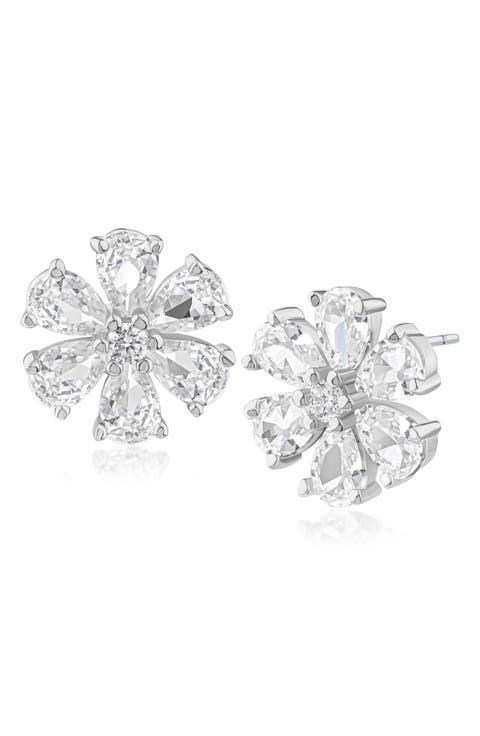 Pear Cut Cubic Zirconia Floral Stud Earrings