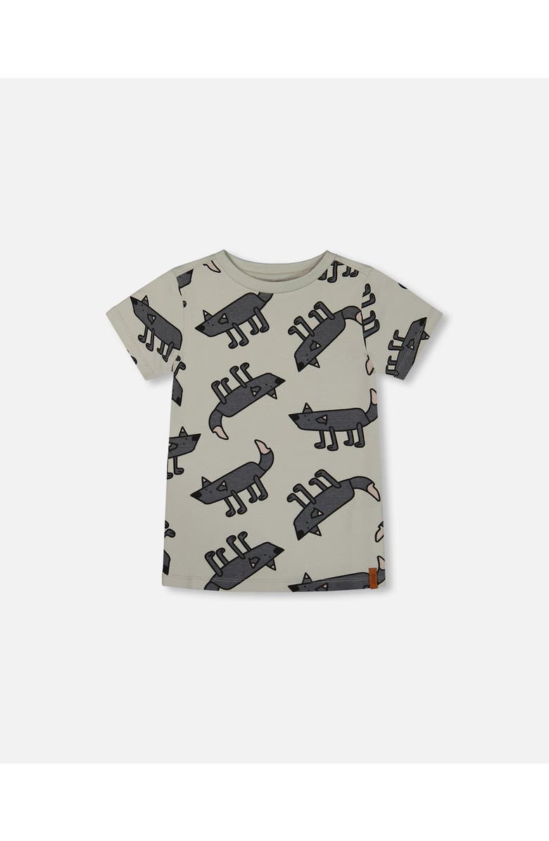 Deux par Deux Boy's Printed Organic Cotton Tee Gray Wolf On Teal Background, Main, color,