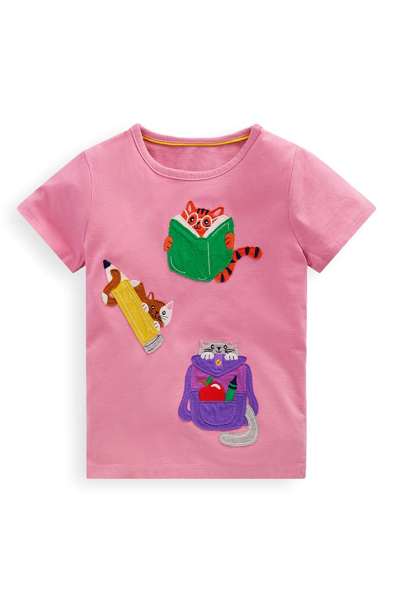 Mini Boden Kids' Cats Appliqué Shirt, Main, color, Formica Pink Stationary Pets