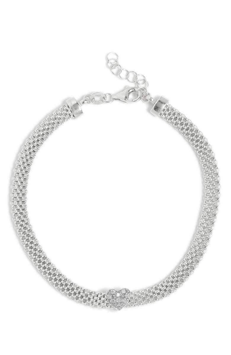 MESHMERISE Heart Station Diamond Mesh Bracelet, Main, color, 
