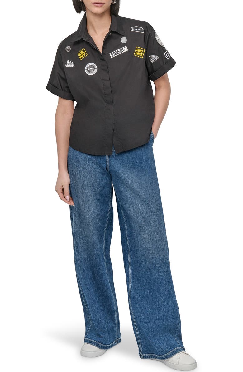DKNY Pins & Patches Short Sleeve Button-Up Shirt, Alternate, color, 