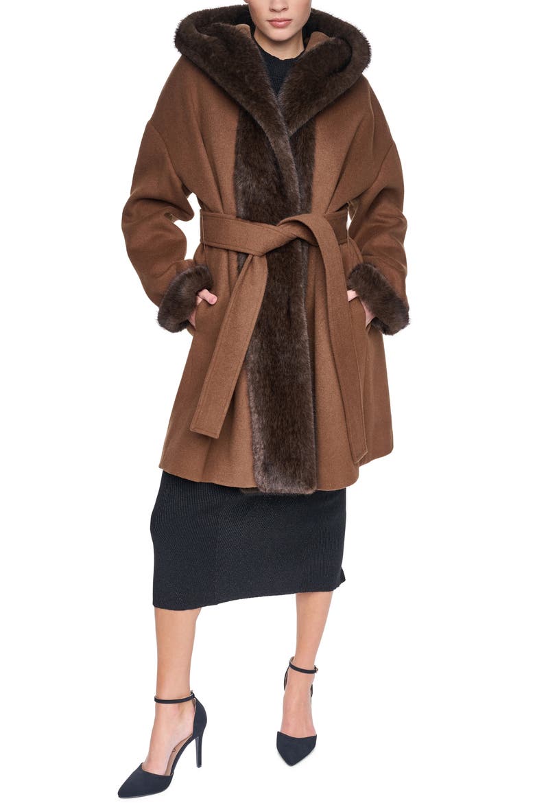 Faux Fur Trim Wool Blend Hooded Coat, Main, color, VICUNA