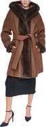 HALSTON Faux Fur Trim Wool Blend Hooded Coat