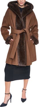 HALSTON Faux Fur Trim Wool Blend Hooded Coat