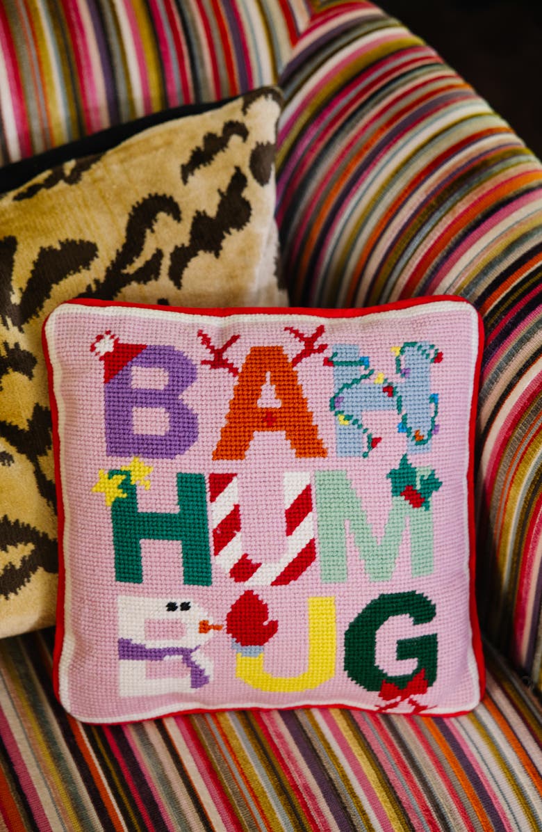 Furbish Bah Humbug Holiday Needlepoint Pillow, Alternate, color, Red