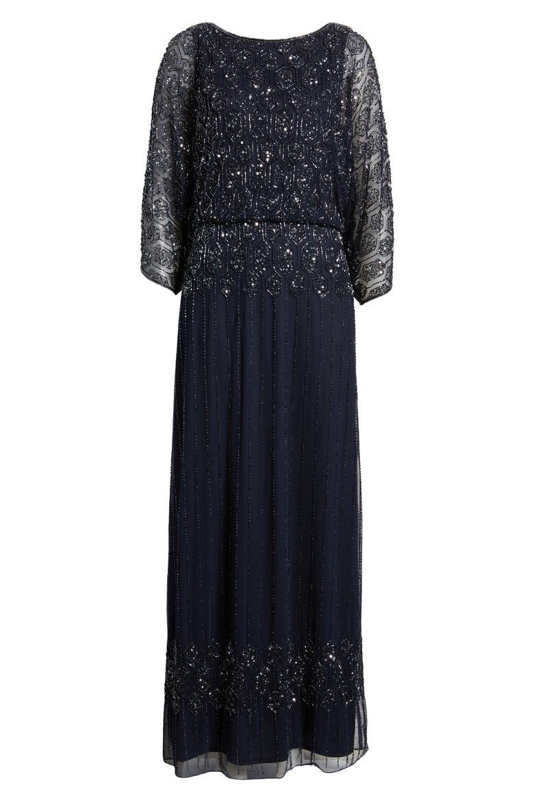 Beaded Blouson Split Sleeve Gown, Alternate, color, NAVY