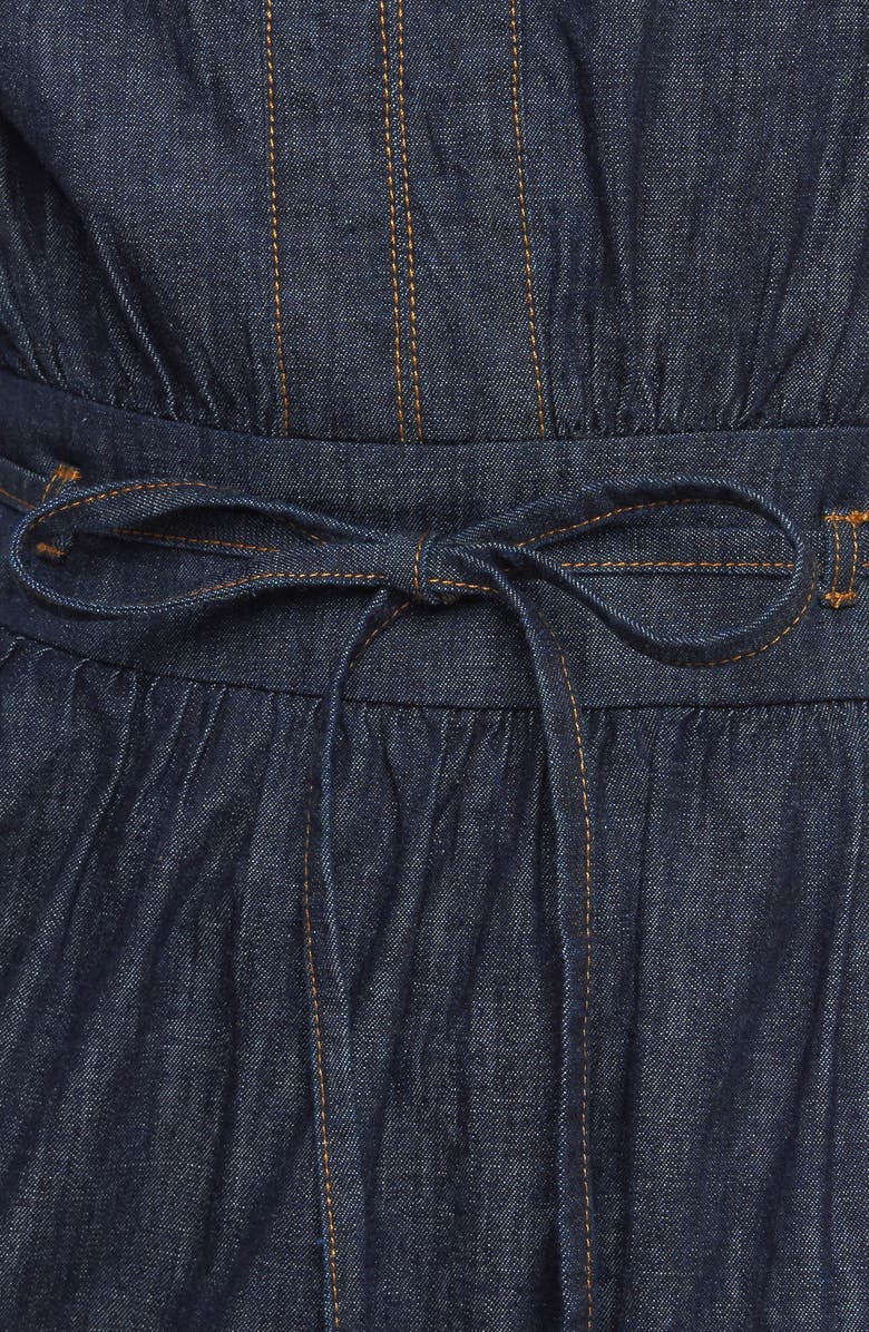 FLYING TOMATO Flutter Sleeve Denim Maxi Dress, Alternate, color, Dark Indigo