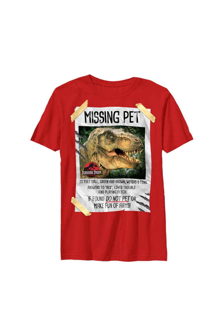 Boy's Jurassic Park T. Rex Missing Pet Graphic Tee, Main, color, Red