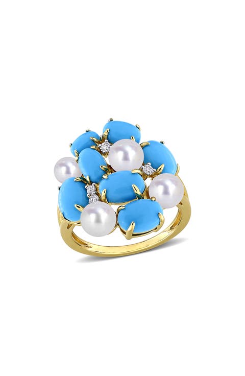 Cultured Freshwater Pearl & Created Turquoise Cluster Ring