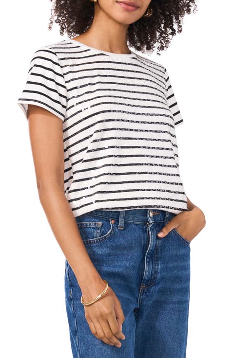 Clear Sequin Stripe Cotton Blend Top