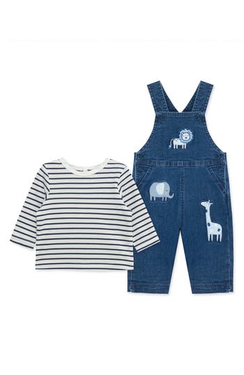 Little Me Safari Embroidered Overalls & Stripe Shirt Set In Blue