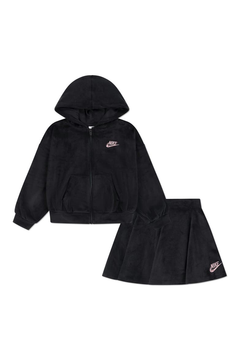 Kids' Velour Scooter Hoodie & Skirt with Shorts Set, Main, color, BLACK