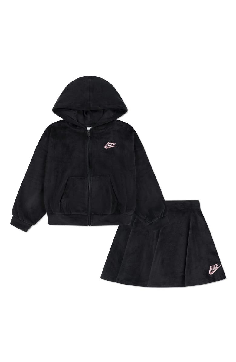Nike Kids' Velour Scooter Hoodie & Skirt with Shorts Set, Main, color, Black